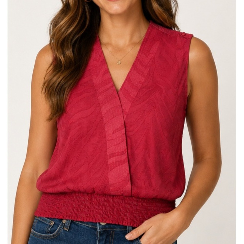 Marc New York Jeans Pink Animal Jacquard Smocked Hem Sleeveless Surplice Blouse